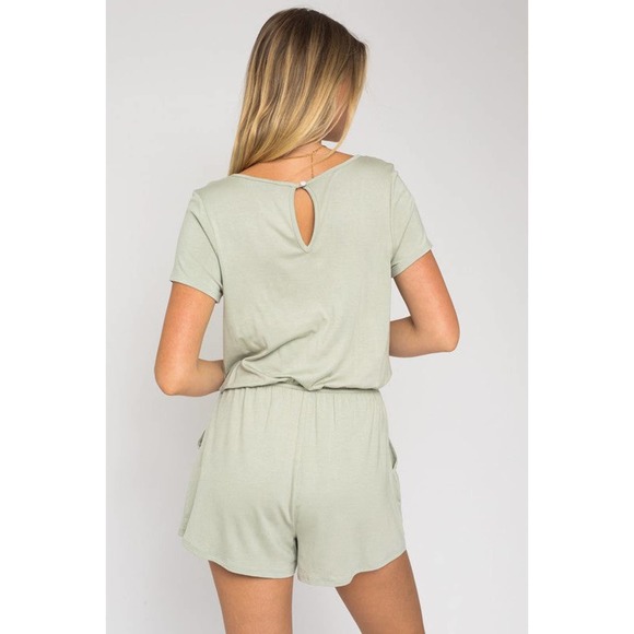 GILLI Short Sleeves V-Neckline Front Overlap Romper with Pockets in Sage - Picture 3 of 10
